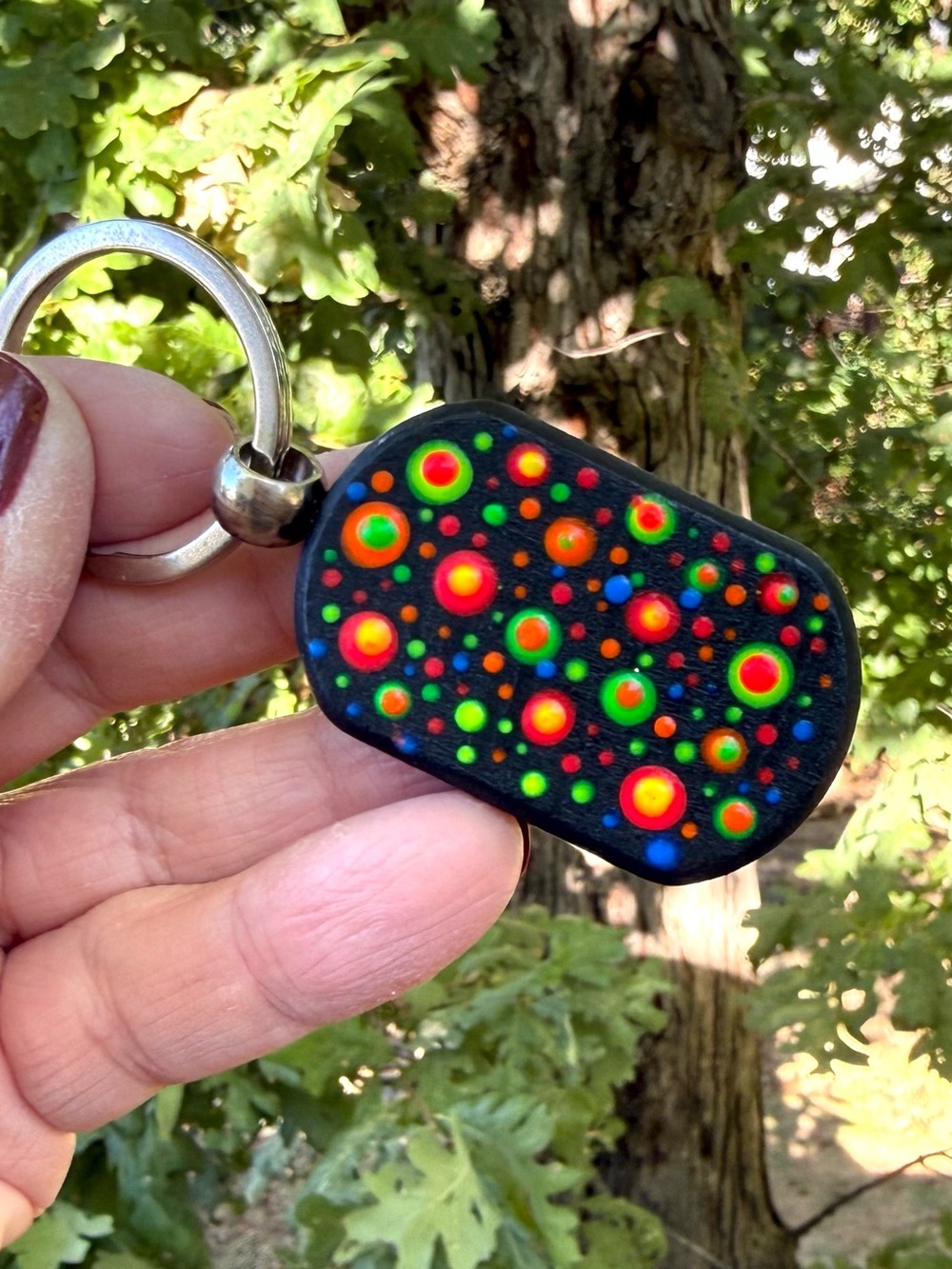 Hand crafted painted solid wood keychain colorful fluorescent dot-painted gift